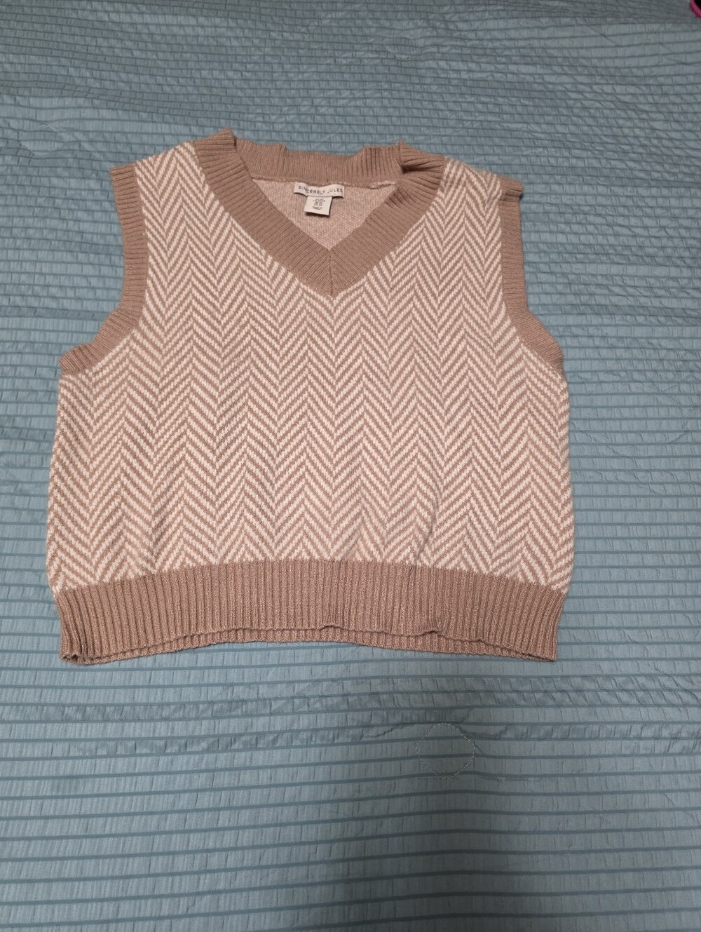 Sincerely Jules Tan and Cream V-Neck Knit Sweater Vest